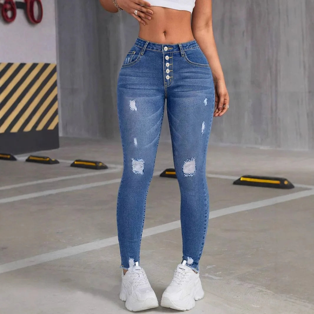 Women's plus size skinny jeans, grey, snowflake-patterned, frayed edges, high-stretch pencil pants, American sexy style.