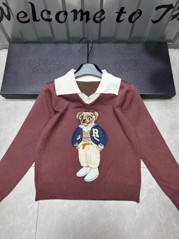 High Quality French Knitted Sweater Women Bear Cartoon Design Embroidery Long Sleeve Pullover Tops Jumper