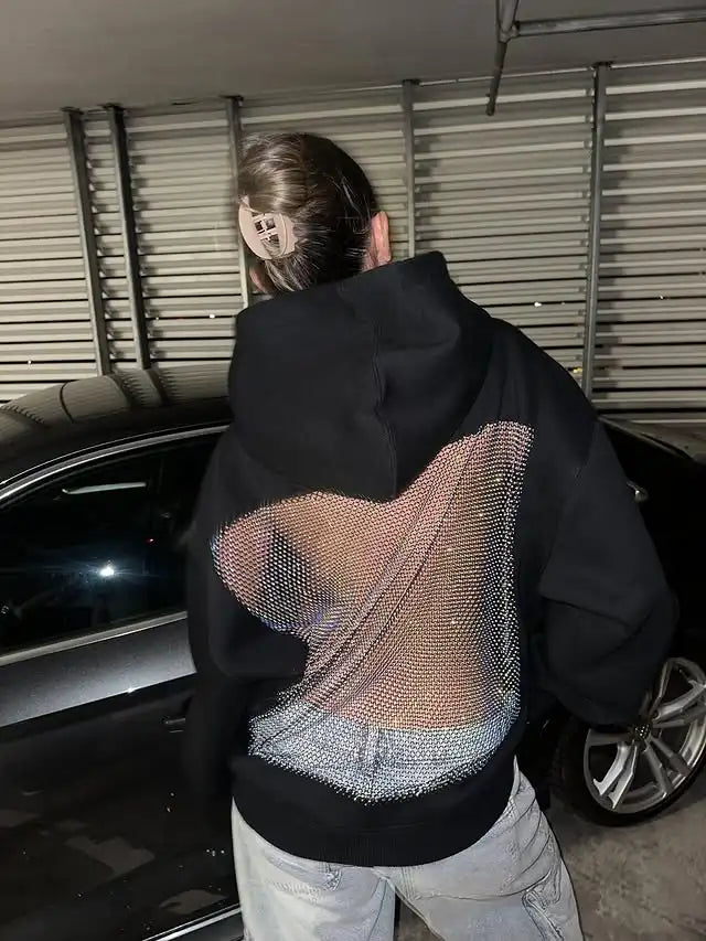 Hoodies Women American Gothic Sexy Hollow Mesh Hoodie Y2K Clothes Womens Fashion Translucent Pullover Sweatshirt Casual Long Sleeves Jacket