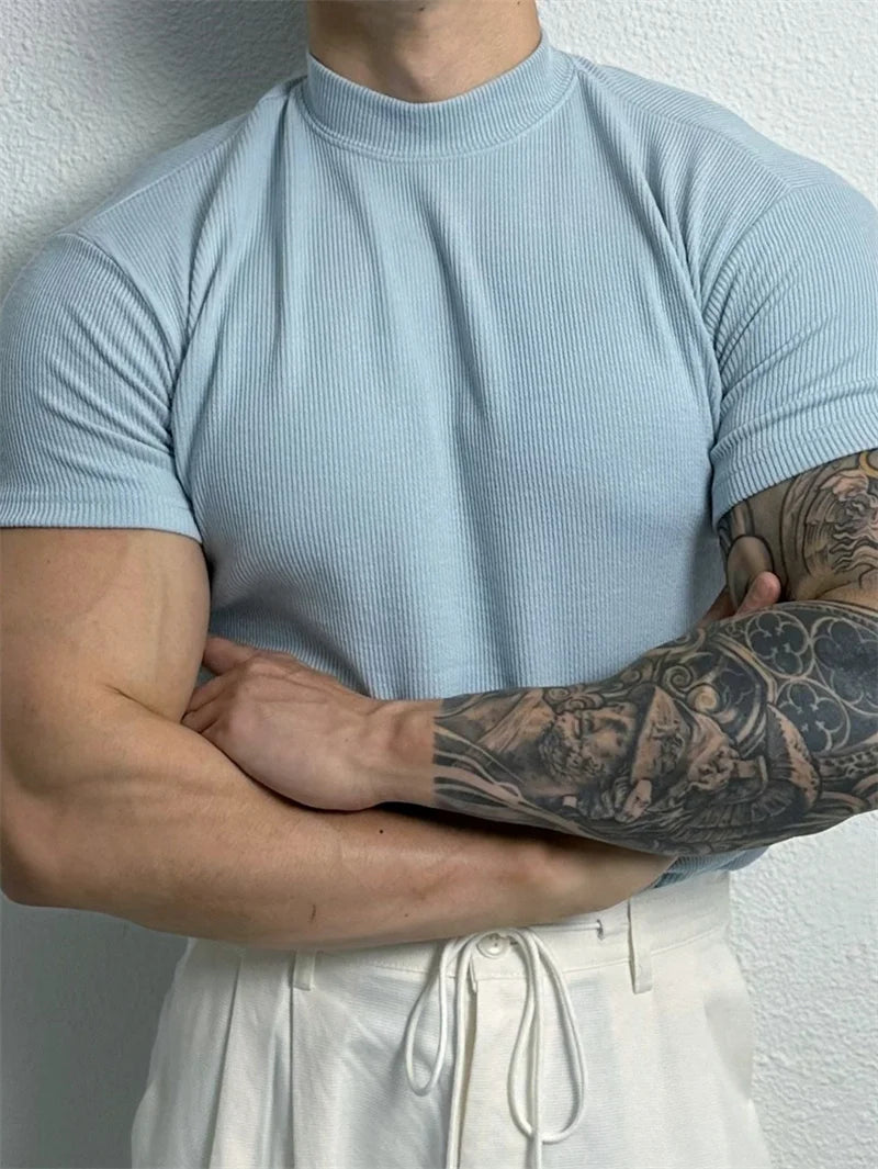 T-shirt Small high collar stripe shirt short sleeve fitness top leisure sport T-shirt Men sportswear