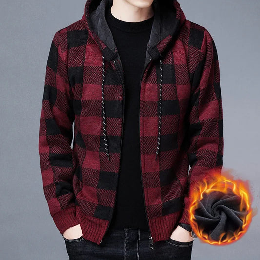 Sweater Jacket Fashion Winter Coat Fleece Hoodies High Quality Luxury Checkered Hooded Knit Cardigan Male Outer Wear