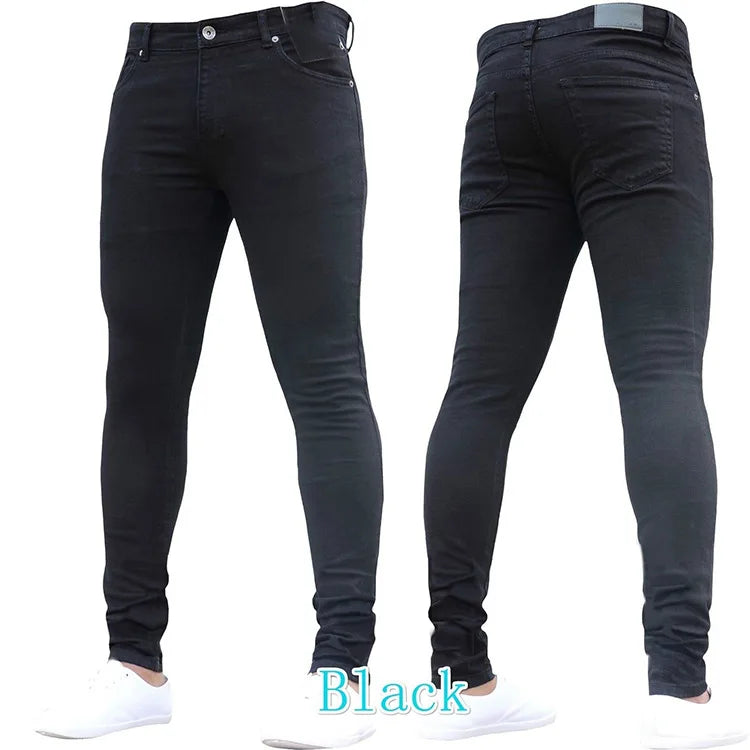 Men Jeans Pencil Pants Solid Color Mid Waist Slim Fit Pockets Slight Strech Spring 2024 Ankle Length Denim Casual Zipper