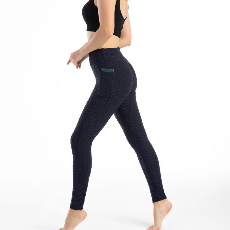 Leggings Women Fashion Pocket Bubble Pants Stretchy Slim Leggings Gym Running Cycling Fitness Pants High Waist Hip Lift Leggings Female