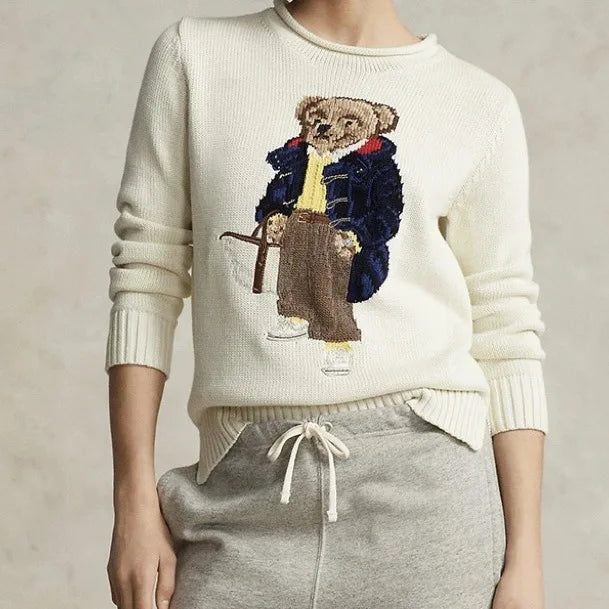 Cute Bear Pattern Cotton Knitwear Sweet Style Versatile Long Sleeve round Neck Sweater Autumn Winter New Arrival for Women