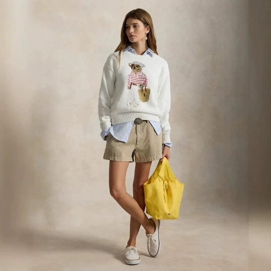 Loose Fit American Casual Long Sleeve Knitted Sweater round Neck White Comfortable Knitwear for Autumn Winter New Arrival