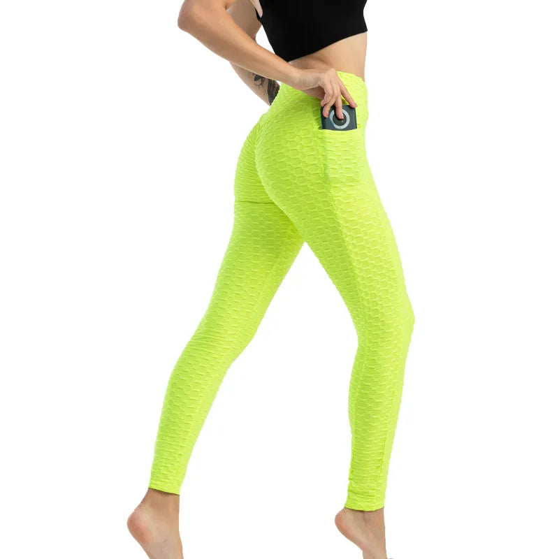 Leggings Women Fashion Pocket Bubble Pants Stretchy Slim Leggings Gym Running Cycling Fitness Pants High Waist Hip Lift Leggings Female