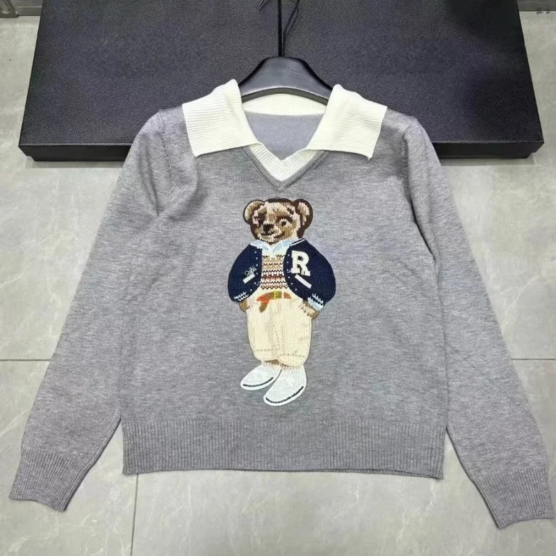 Knitted Sweater Women Design Bear Cartoon Embroidery Long Sleeve Pullover Tops Jumper Autumn