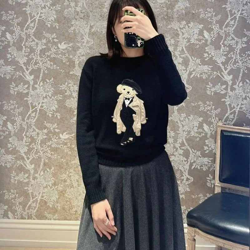 European Style Luxury Loose O-Neck Bear Pullover Women Autumn Winter Fashion Womens Tops Casual Ladies Knitted T-shirt Sweater