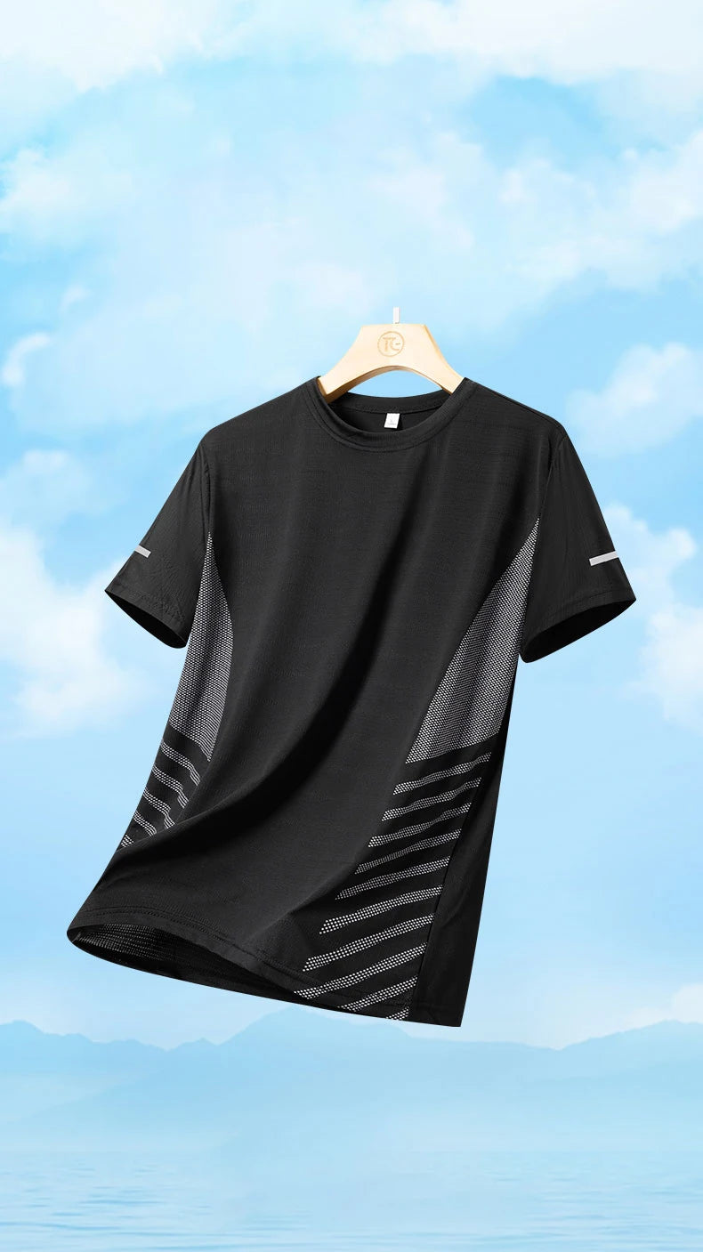 T-shirt Men Summer Ice Silk Thin Top Reflective Printing Quick Dry Short Sleeve Breathable Fitness Sports T-shirt 5XL