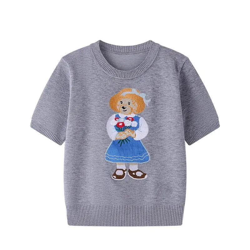 European Style Luxury Brand Loose O-Neck Bear Pullover Tops Knitwear Woman Short Sleeve T-shirt Ladies Wool Knitted Sweater