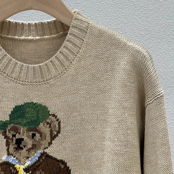 Loose Fit round Ne Knitted Sweater Cotton Bear Cartoon Design Casual Sle Women's Faion Autumn Winter Wool Blend Top