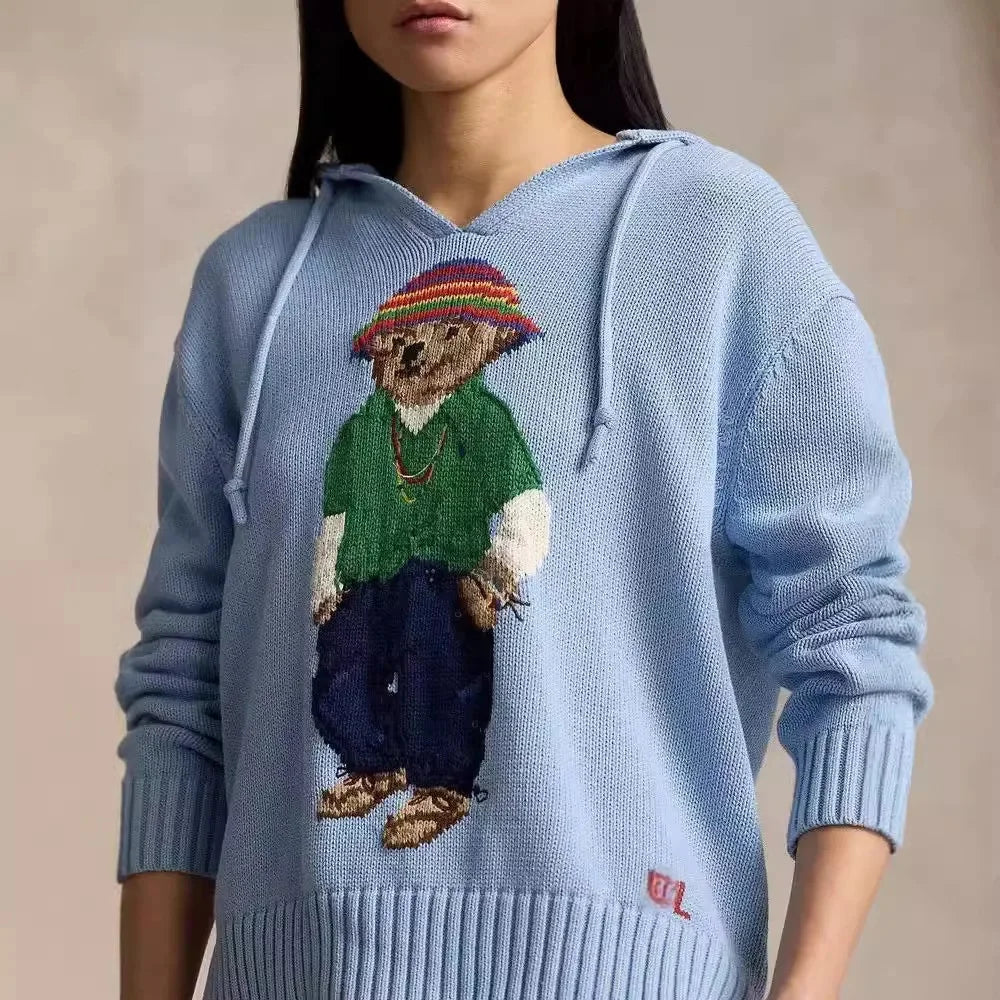 Classic American Style Women's Knitted Sweater Cotton Loose Fit Hoodie Embroidered Bear Anti-Aging Fashionable All-Match