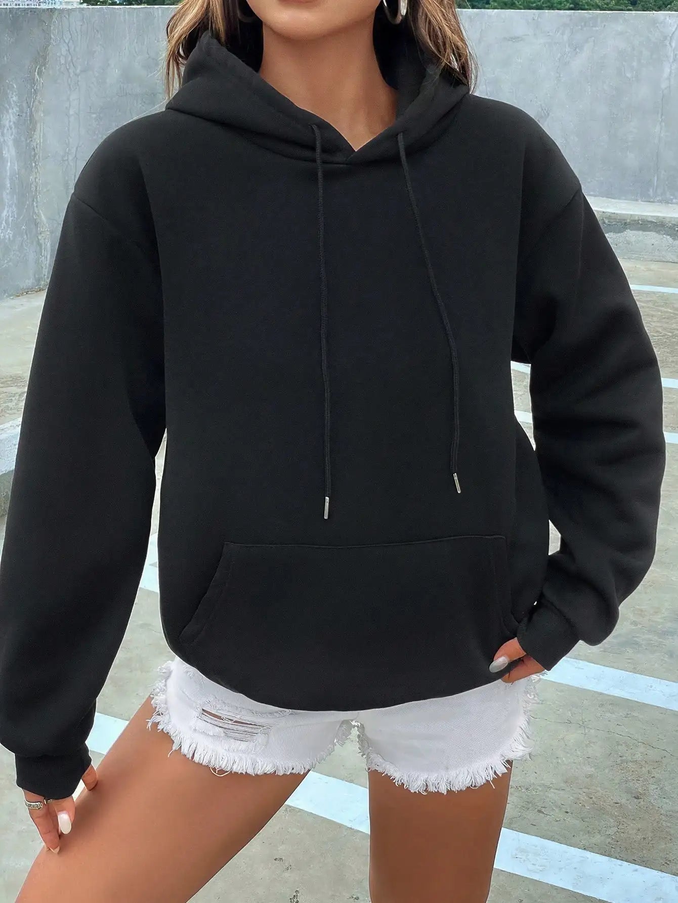 Solid Color Casual Hoodie For Female Pocket Creative Hoody All-Match Street Clothes Womens Fleece Unisex Pullovers