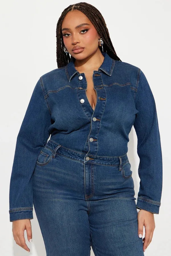 Newly Jeans Stretch Jumpsuit Sexy Women Turn Down Collar Elegant Denim Straight Romper Overalls