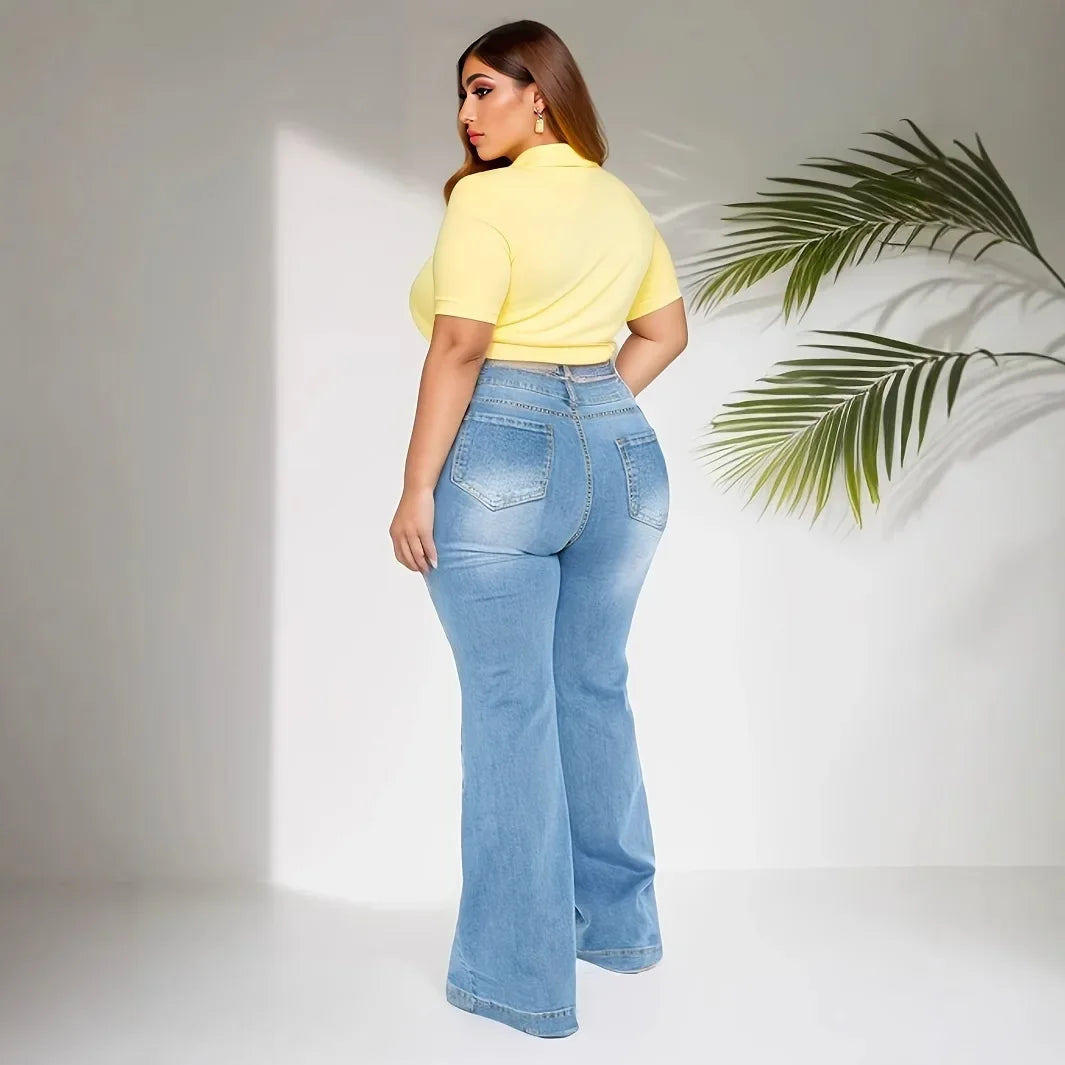 Plus Size Fashionable Ripped Denim Jeans Spring Summer Street Style Wide Leg Floor Length Casual Trendy Pants Cotton Material