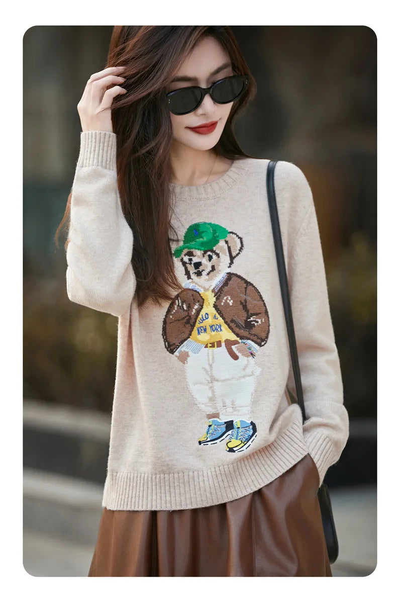 Thickened Woolen Knitted Sweater round Neck Embroidery Cartoon Bear Long Sleeve Women's Base Shirt Autumn Winter New Arrival