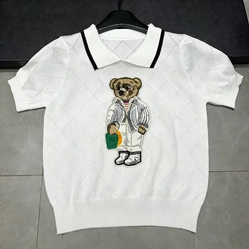 French Style Cartoon Bear Thin Knit Pullover Women Summer Short Sleeve Sweater Jumper Cropped Tops Fashion Women's Polo Shirt