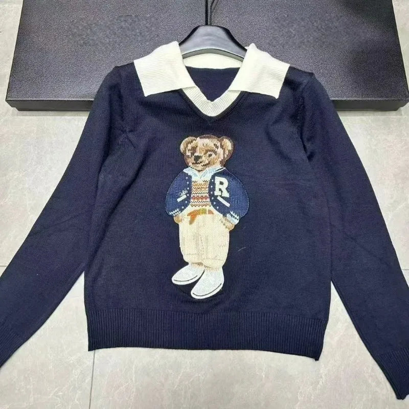 European Style Luxury Loose O-Neck Bear Pullover Women Autumn Winter Fashion Womens Tops Casual Ladies Knitted T-shirt Sweater