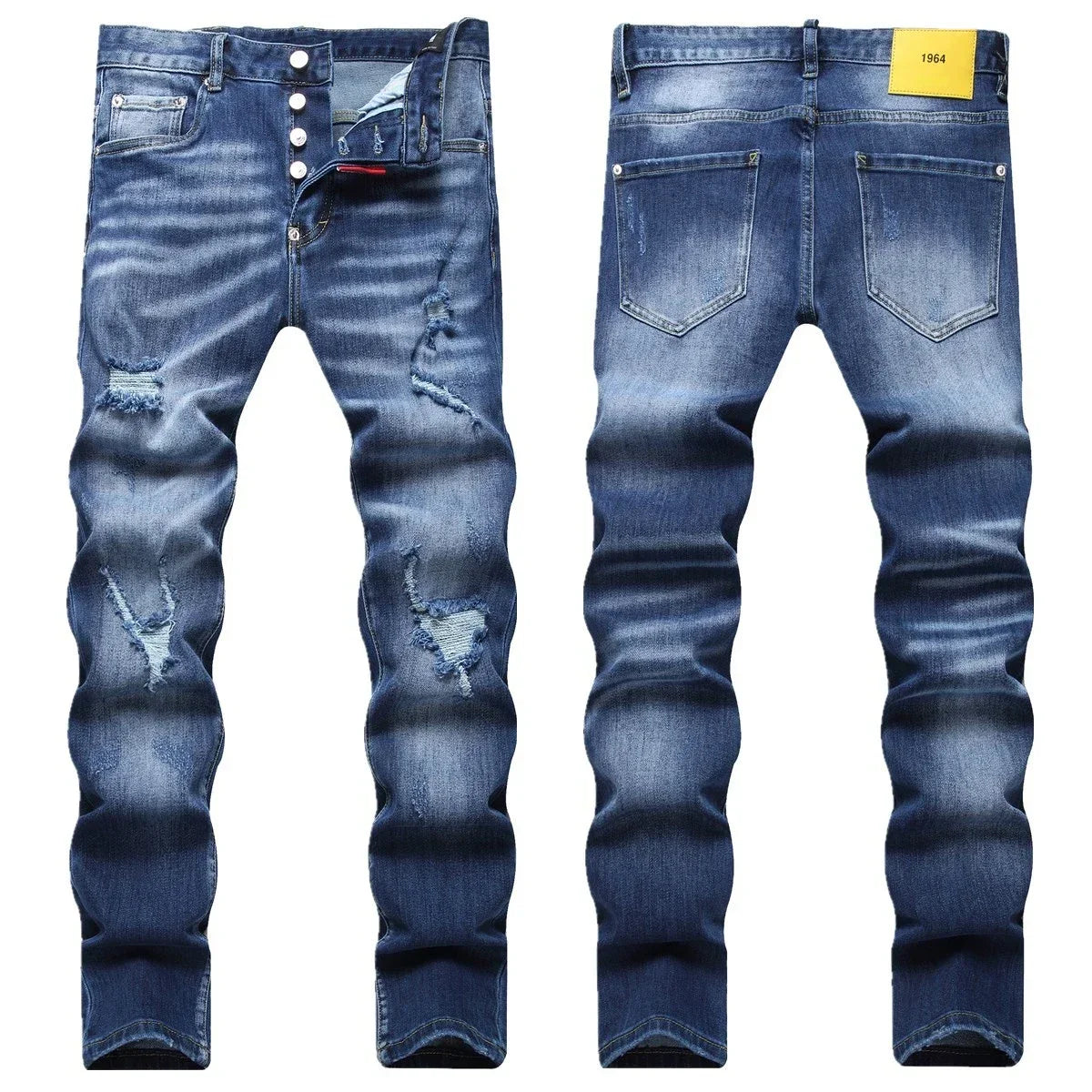 Men's Ripped Jeans Luxury Brand Light Blue Holes Long Trousers Quality Male Fashion Stretch Slim Pants Men Skinny Jeans