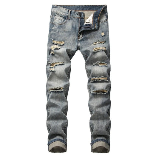 Men Vintage Wash Solid Denim Trouser Mens Casual Slim Fit Pencil Denim Holes Pants 2024