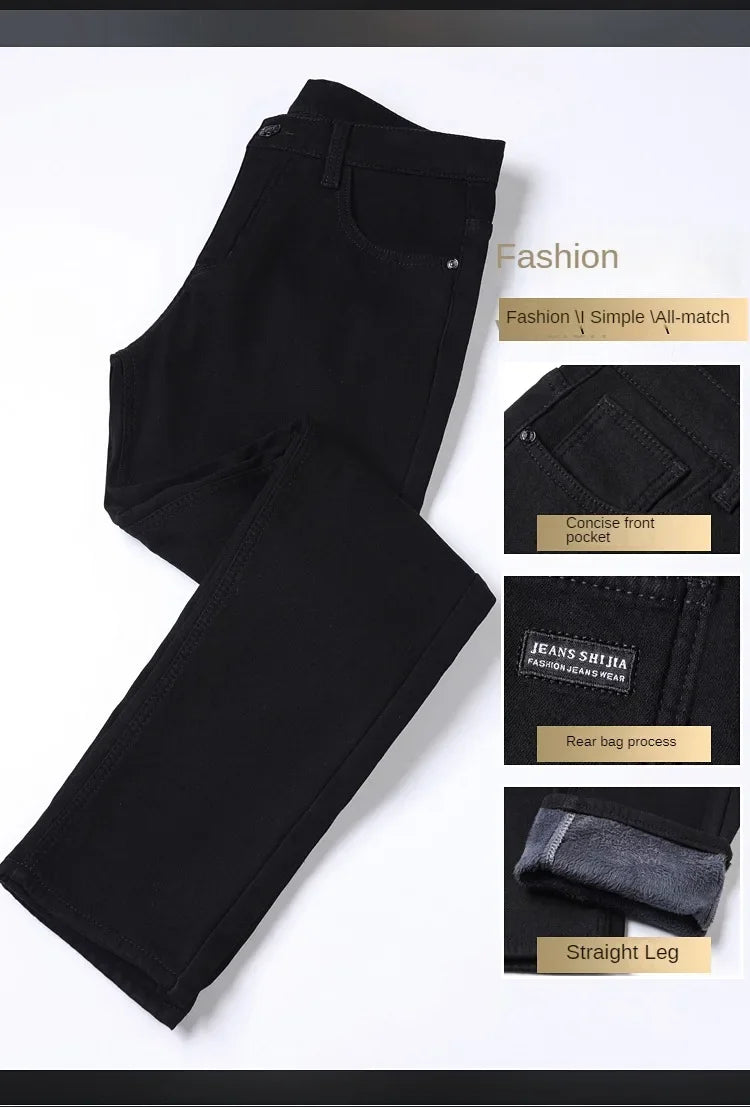 Men Slim Fit Stretch Thick Velvet Pants Warm Jeans Casual Fleece Trousers Male