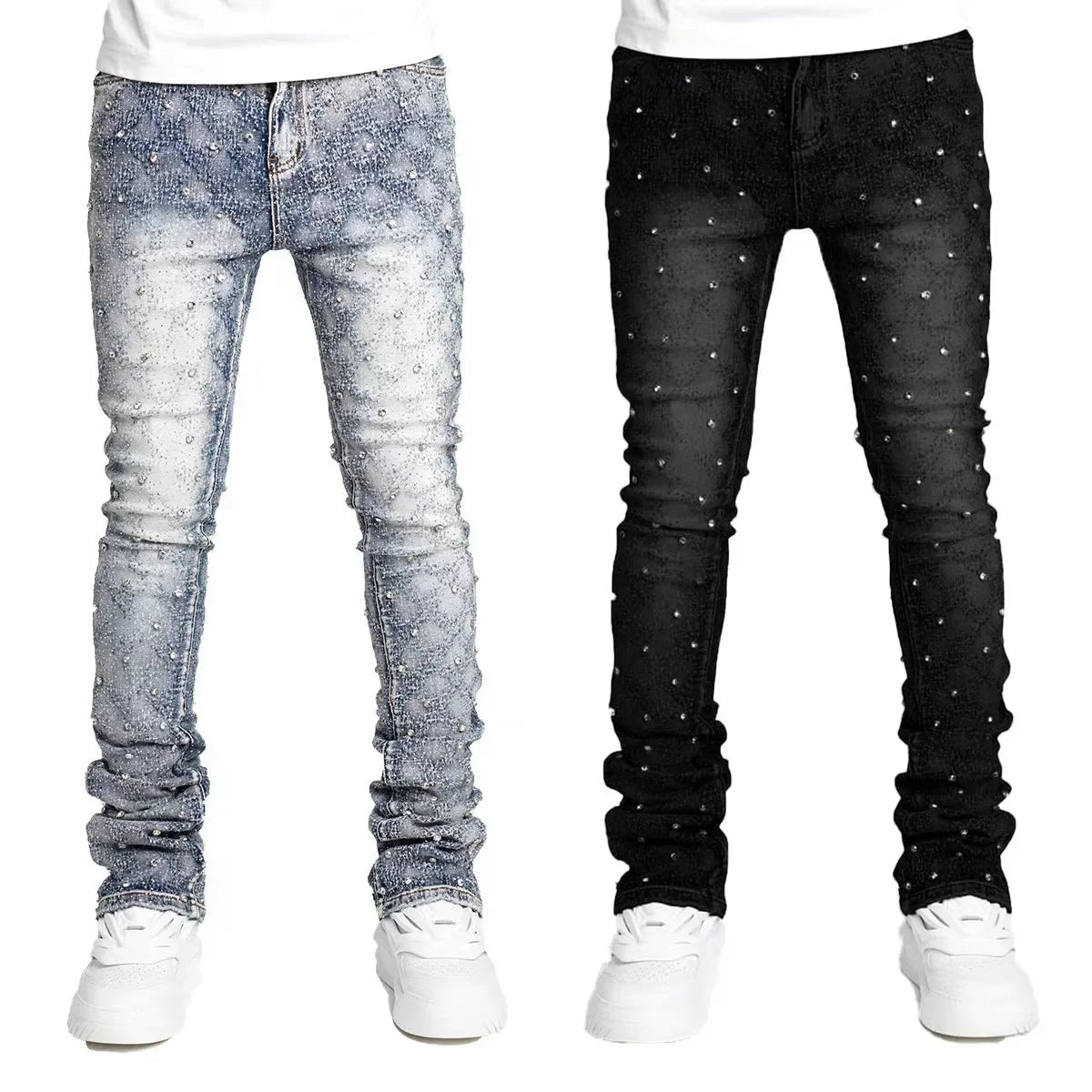 Men and women Harajuku Gothic retro rhinestone retro blue loose jeans pants high waisted wide leg pants