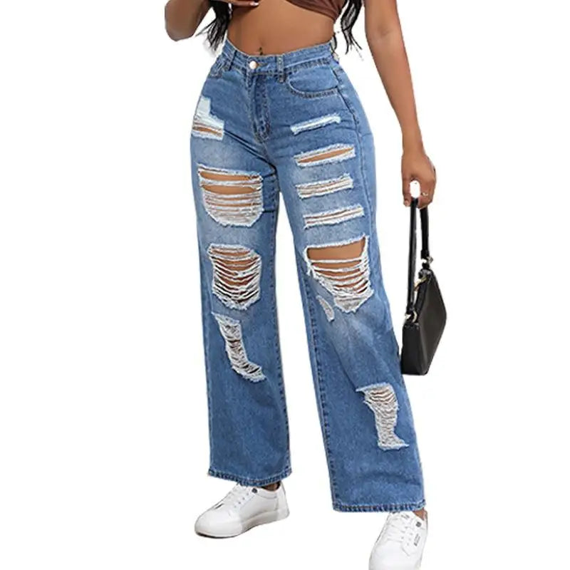 High Waist Ripped Jeans for Women European Straight Leg Blue Cotton High Elastici Faionable Tear Jeans Women's High Waist