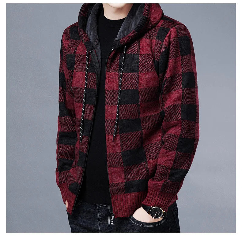 Sweater Jacket Fashion Winter Coat Fleece Hoodies High Quality Luxury Checkered Hooded Knit Cardigan Male Outer Wear