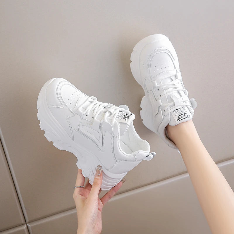 Women Sneakers Lace-Up Thick Bottom Vulcanize Shoes Woman Pu Leather Breathable Sports Shoes Ladies