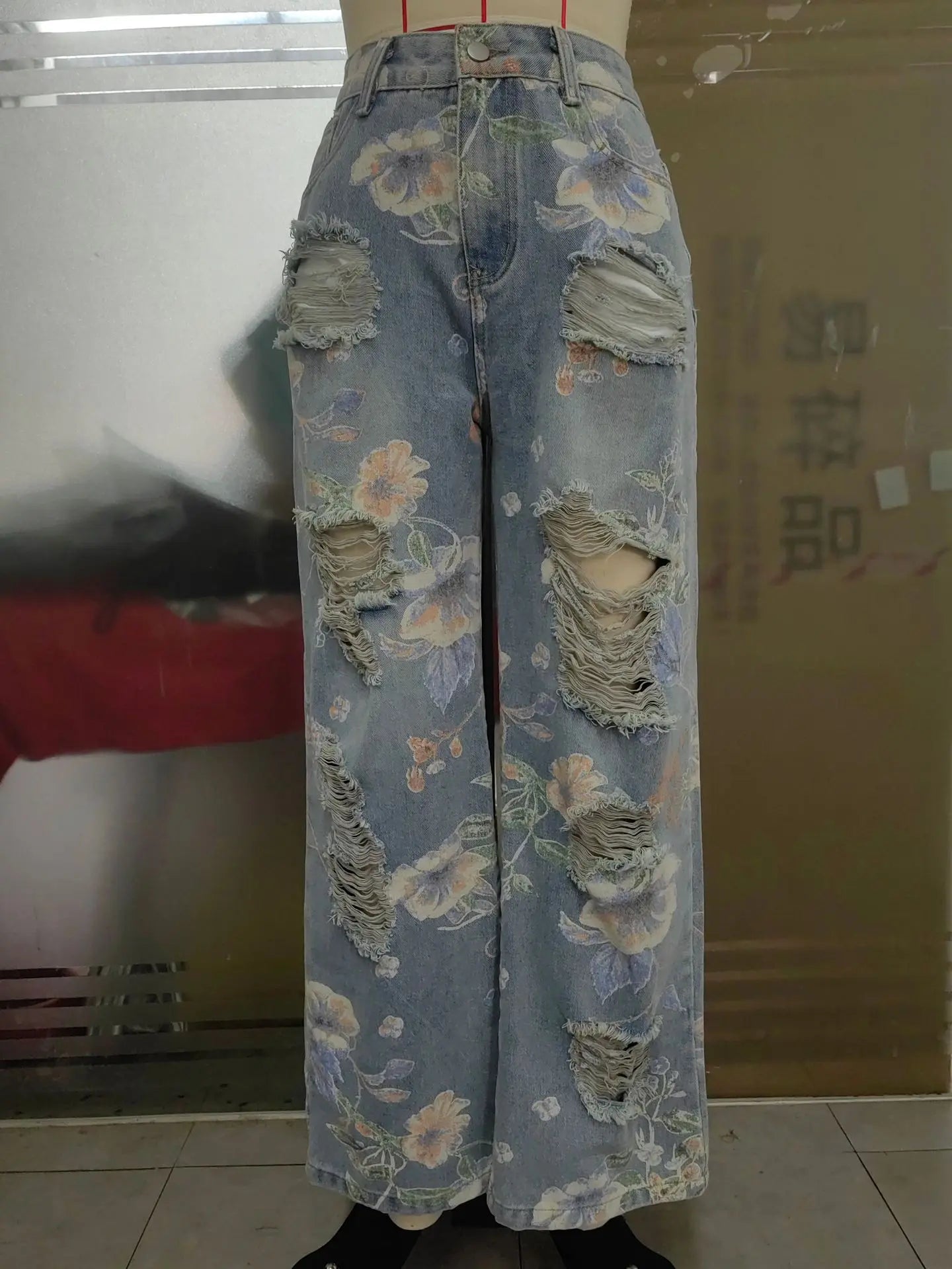 Denim Pants Women Floral Print Sexy Hole Hollow Out Jeans Ripped Out Straight Trousers 2025 Summer Street Lady Pant