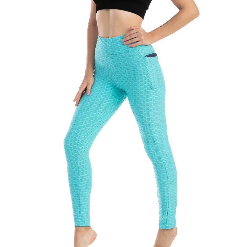 Leggings Women Fashion Pocket Bubble Pants Stretchy Slim Leggings Gym Running Cycling Fitness Pants High Waist Hip Lift Leggings Female