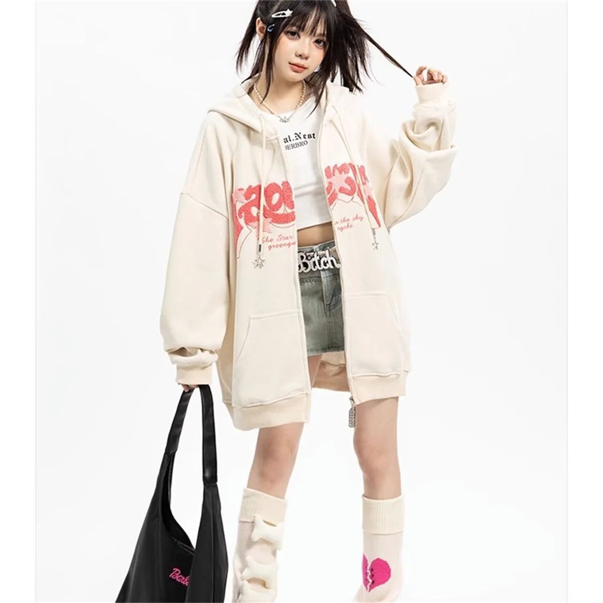 Hoodies Women Fashion Embroidery Zip Up Autumn Long Sleeve Tops Loose Hood Shirt Harajuku Y2K Clothes Female Sweatshirt Jacket