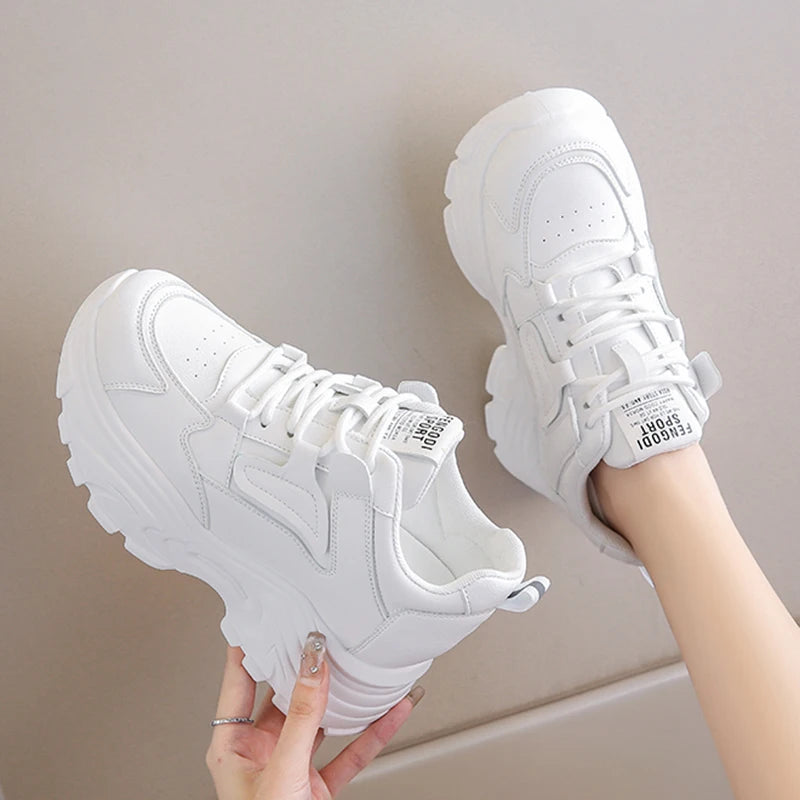 Women Sneakers Lace-Up Thick Bottom Vulcanize Shoes Woman Pu Leather Breathable Sports Shoes Ladies