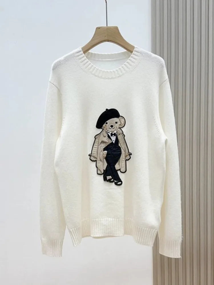 European Style Luxury Brand Loose O-Neck Bear Pullover Tops Knitwear Woman Long Sleeve T-shirt Ladies Wool Knitted Sweater Tops