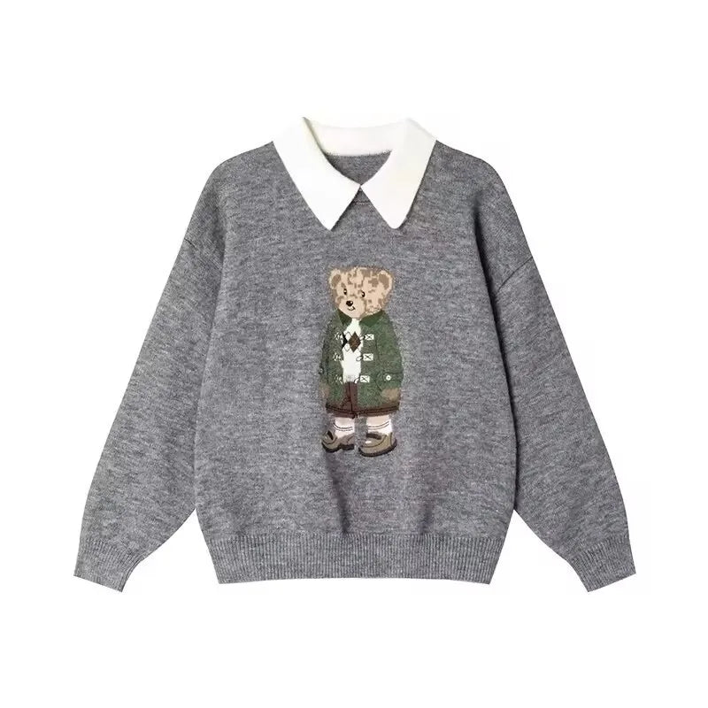 High Quality Fall Winter New Fashion Lazy Cartoon Bear Embroidery Loose Knitted Sweater Tops Women Casual Pullover Sweater Pull