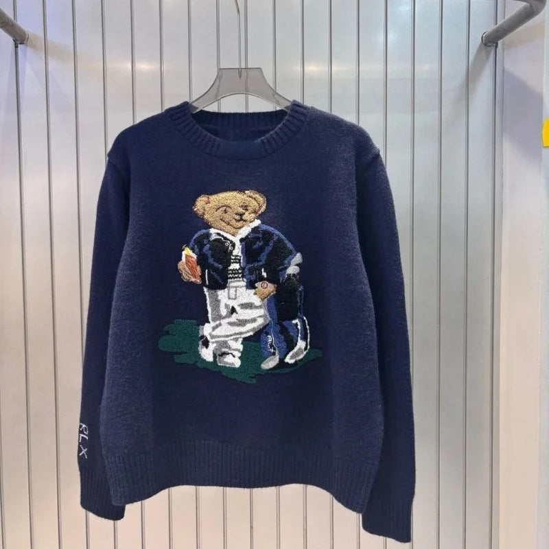 Autumn Fashion Cartoon Embroidered Wool Jumpers Women Kawaii Bear  Cashmere Sweater Preppy Loose Long Sleeved Knitted Pullover