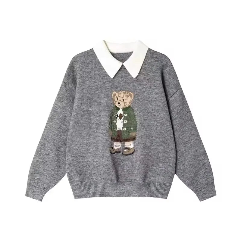 European Style Luxury Brand Loose O-Neck Bear Pullover Tops Knitwear Woman Short Sleeve T-shirt Ladies Wool Knitted Sweater