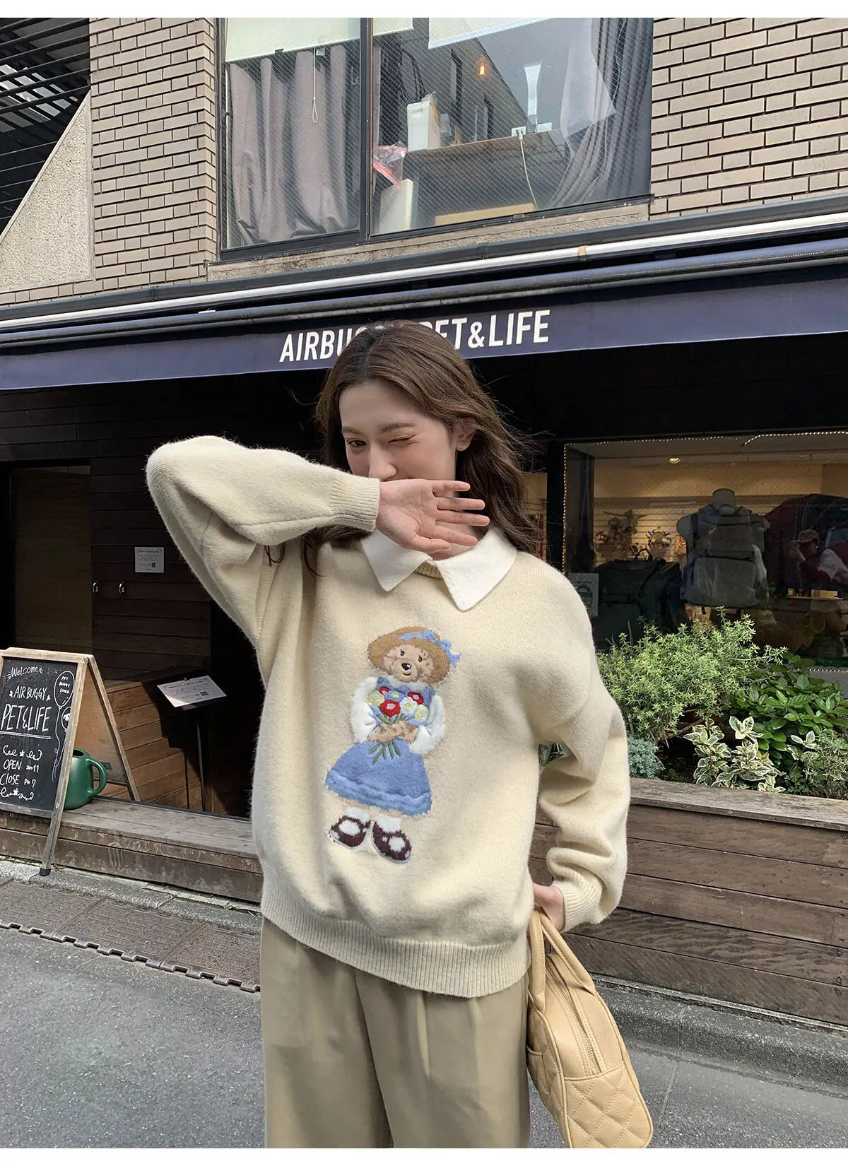 High Quality French Vintage Luxury Bear Jacquard Sweater For Women Autumn New Fashion Korean Casual Loose Pullover Knitted Tops