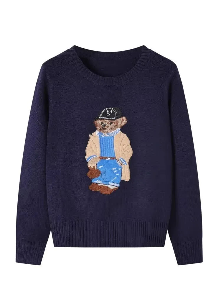 High Quality Fall Winter New Fashion Lazy Cartoon Bear Embroidery Loose Knitted Sweater Tops Women Casual Pullover Sweater Pull