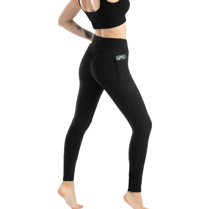 Leggings Women Fashion Pocket Bubble Pants Stretchy Slim Leggings Gym Running Cycling Fitness Pants High Waist Hip Lift Leggings Female