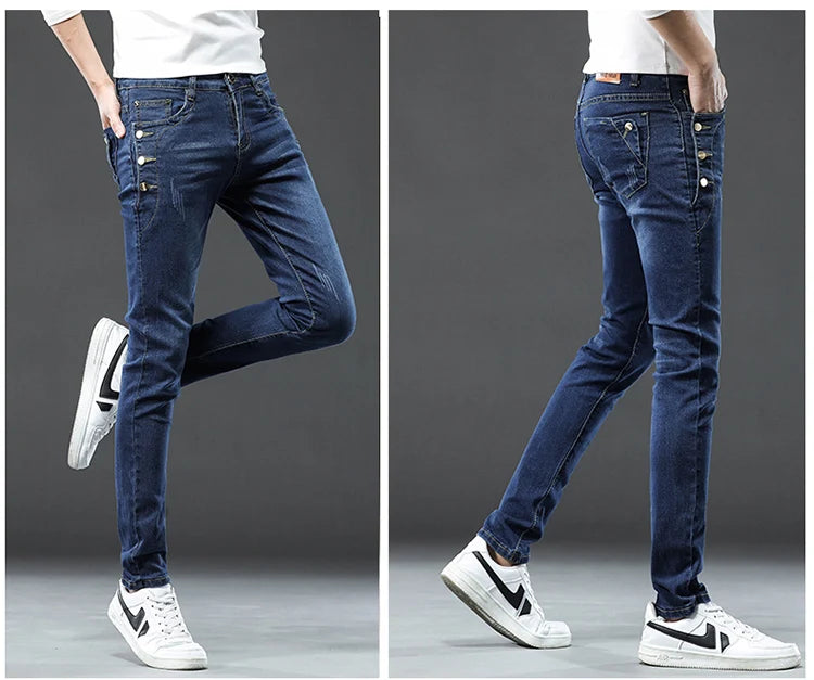 Men's Designer Jeans Snowflake Grey Wash Korean Fashion Stretch Pants Multi-button Denim Trousers
