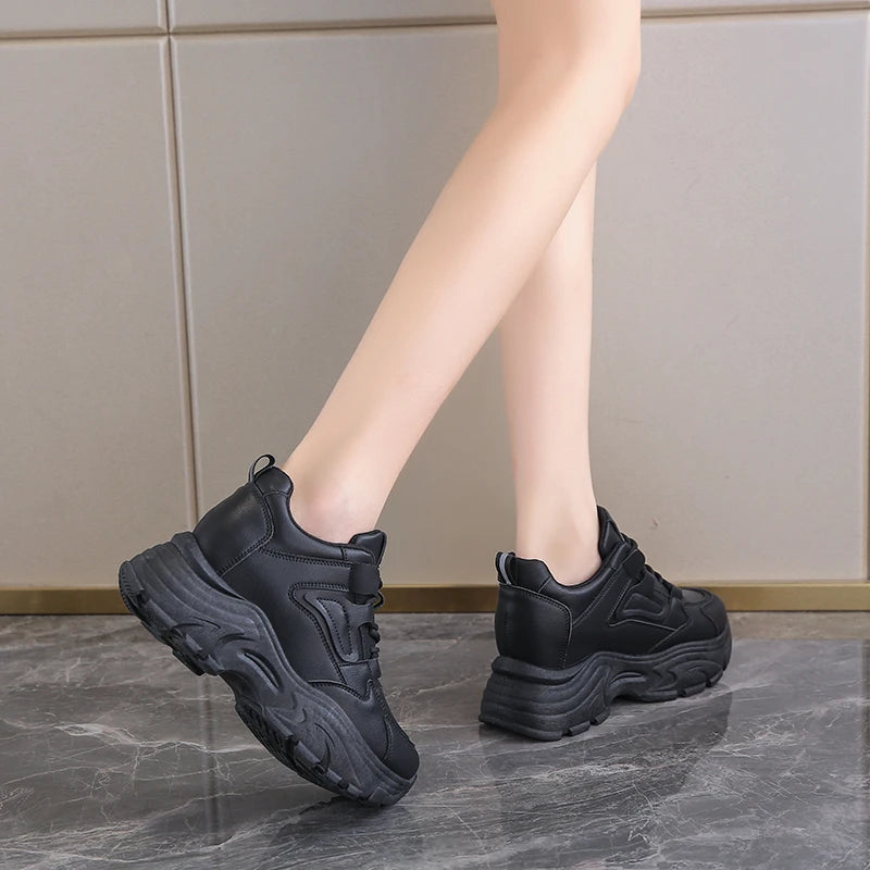 Women Sneakers Lace-Up Thick Bottom Vulcanize Shoes Woman Pu Leather Breathable Sports Shoes Ladies