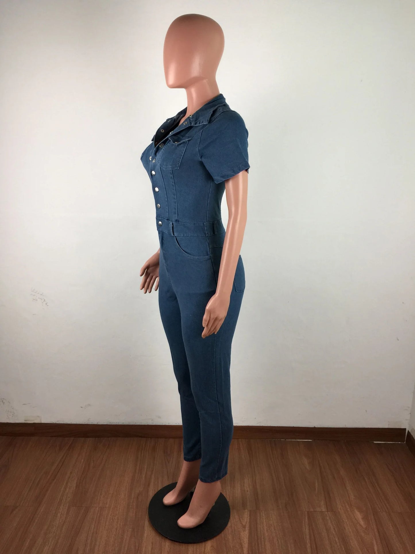 JRRY Sexy Women Denim Jumpsuits Short Sleeve Turn Down Collars Buttons Pockets Denim Bodysuit