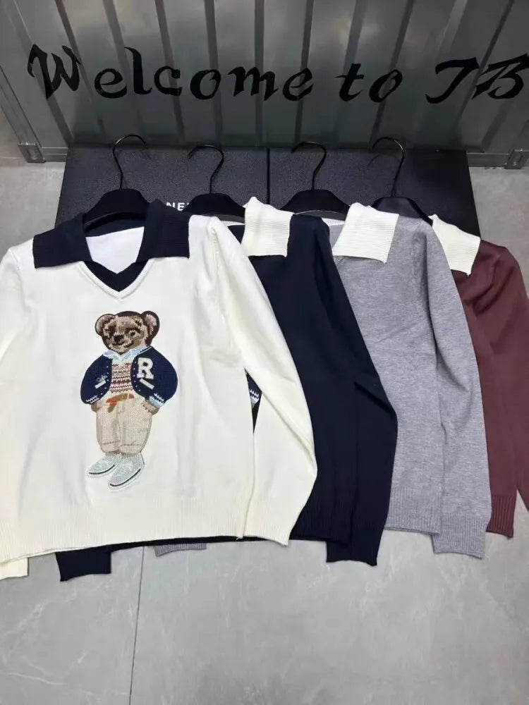 High Quality French Knitted Sweater Women Bear Cartoon Embroidery Long Sleeve Pullover Tops Jumper Korean Fashion Ladies Clothes