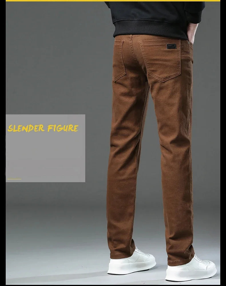 Men's Clothing Slim Jeans Fashion Brown Business Casual Stretch Denim Pants Male Brand Trousers
