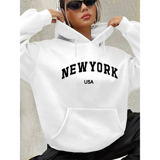 Women's Autumn and Winter Warm and Loose Casual New York USA Letter Printed Suede Long Sleeved Hooded Sweatshirt