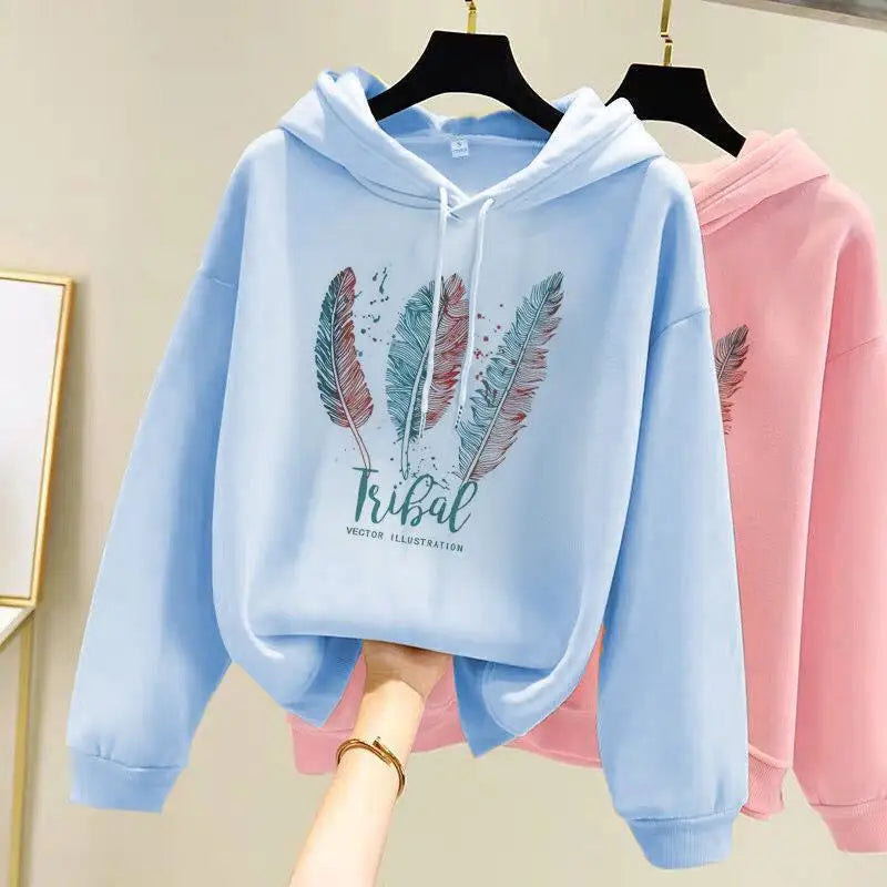 Hoodies Women Fashion Feather Printed Hoodies Autumn Winter Plus Velvet Casual Loose Sweatshirt