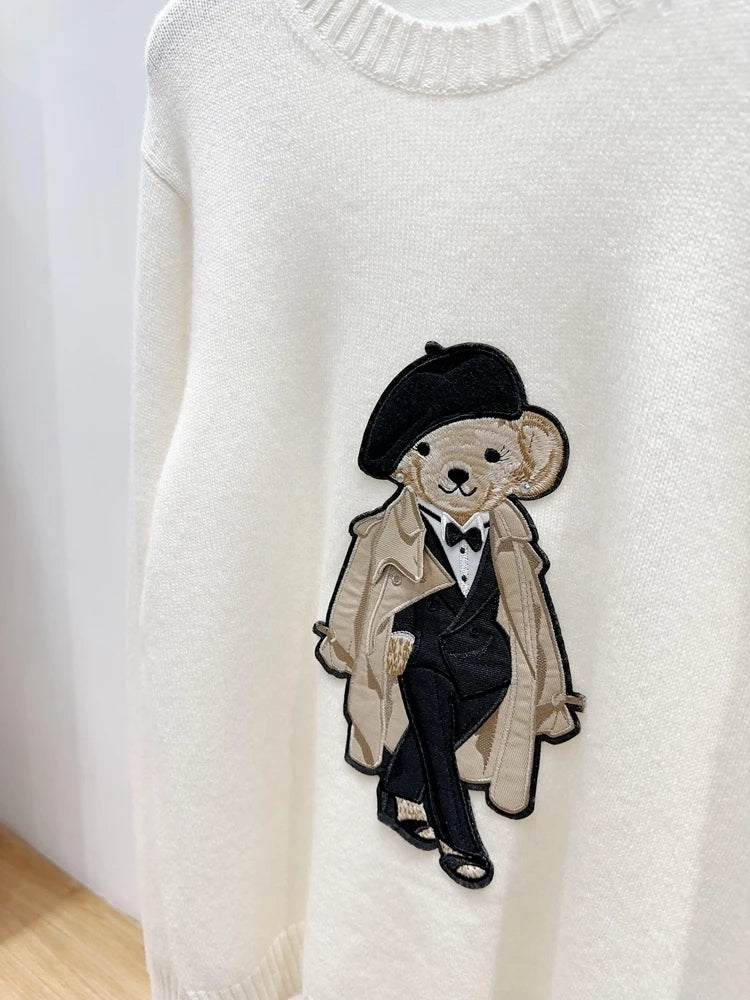 European Style Luxury Brand Loose O-Neck Bear Pullover Tops Knitwear Woman Long Sleeve T-shirt Ladies Wool Knitted Sweater Tops