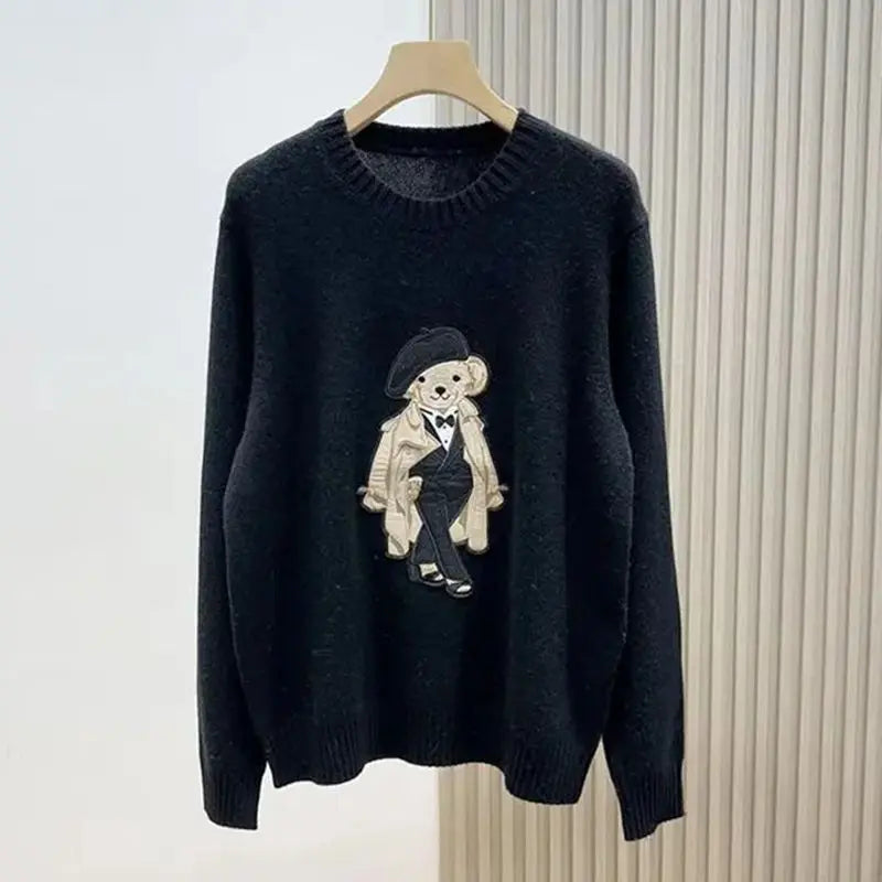 European Style Luxury Brand Loose O-Neck Bear Pullover Tops Knitwear Woman Short Sleeve T-shirt Ladies Wool Knitted Sweater