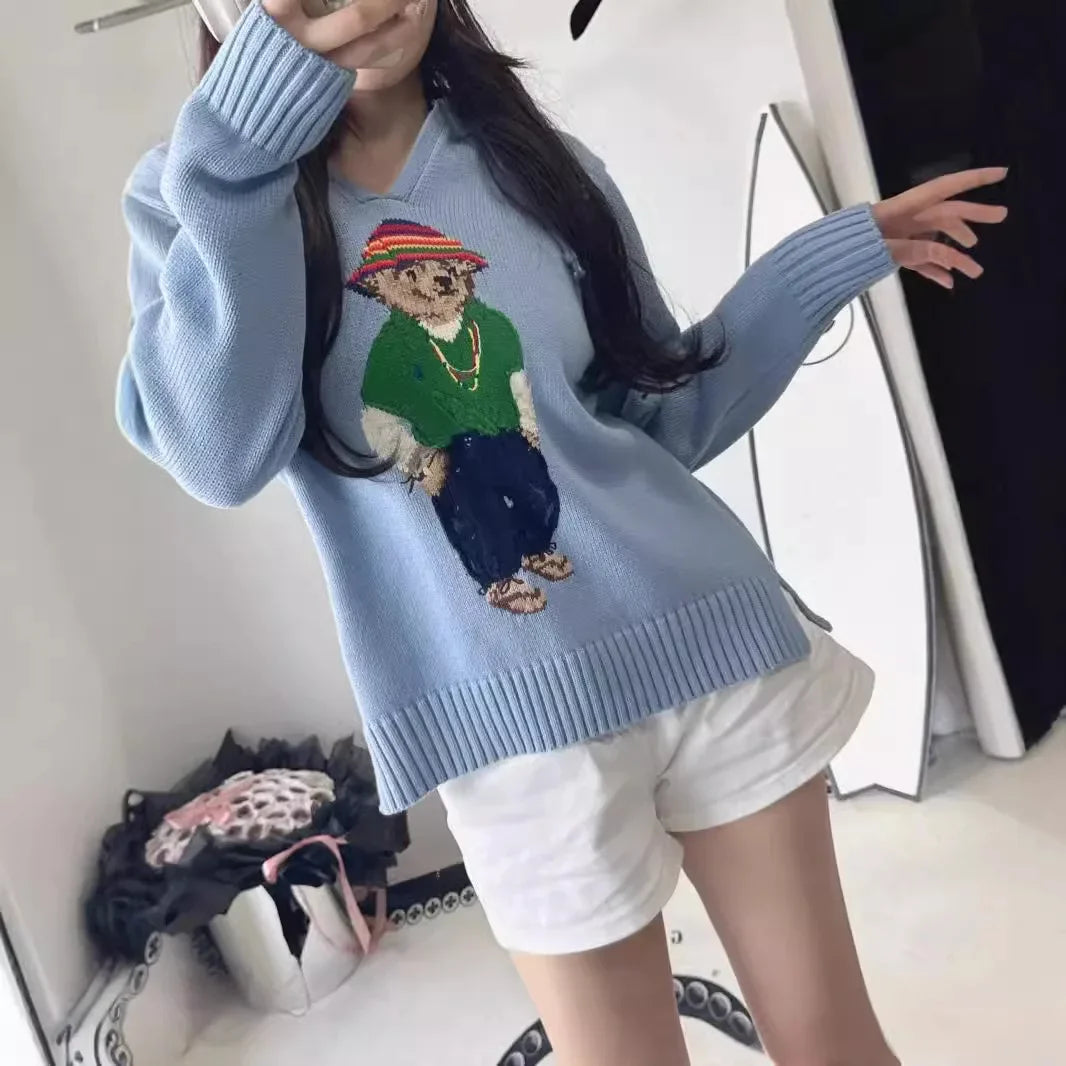 Classic American Style Women's Knitted Sweater Cotton Loose Fit Hoodie Embroidered Bear Anti-Aging Fashionable All-Match